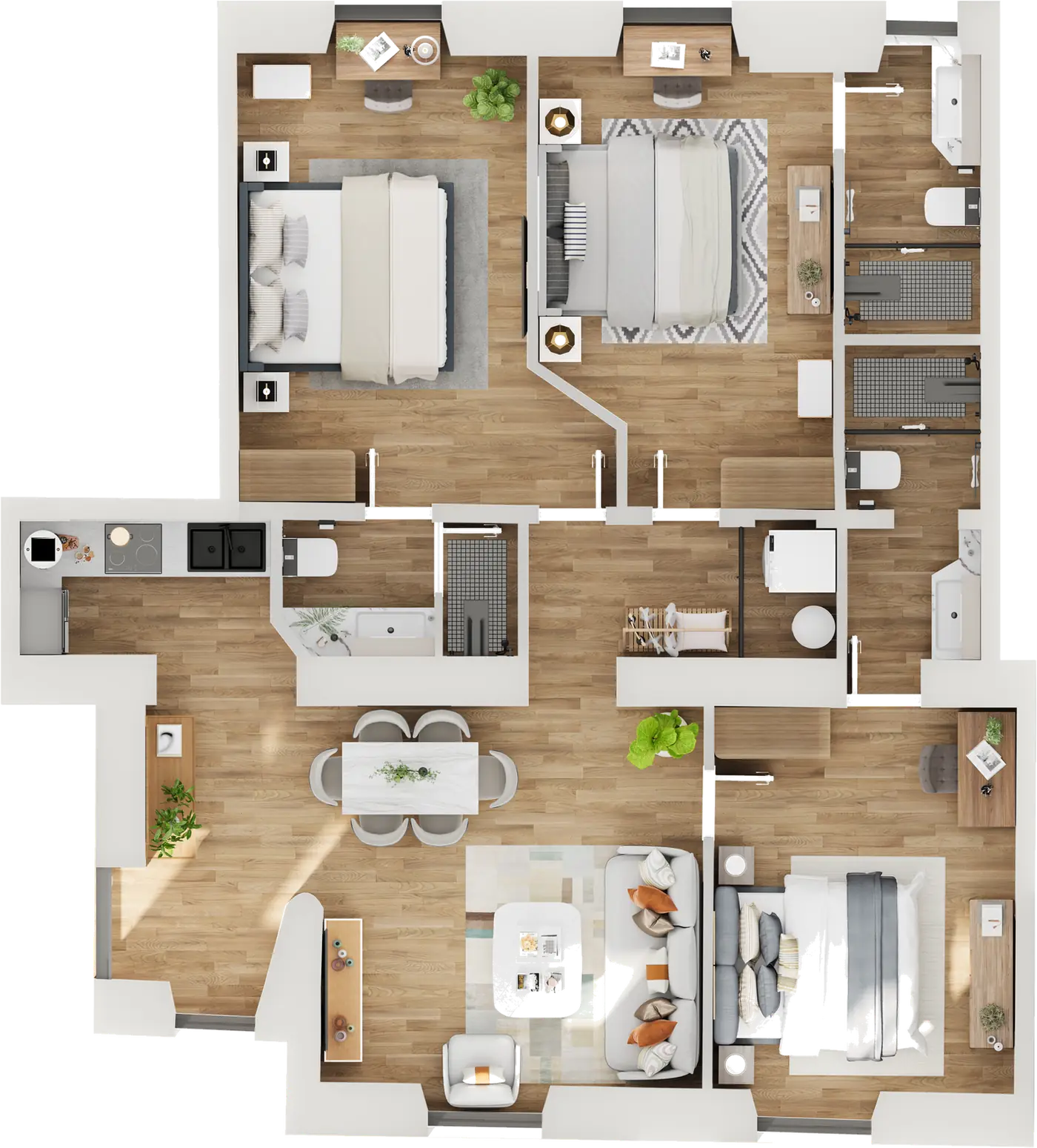 Planimetria dell'appartamento Urbe Charme Scipioni: tre camere con bagno privato, salone e cucina